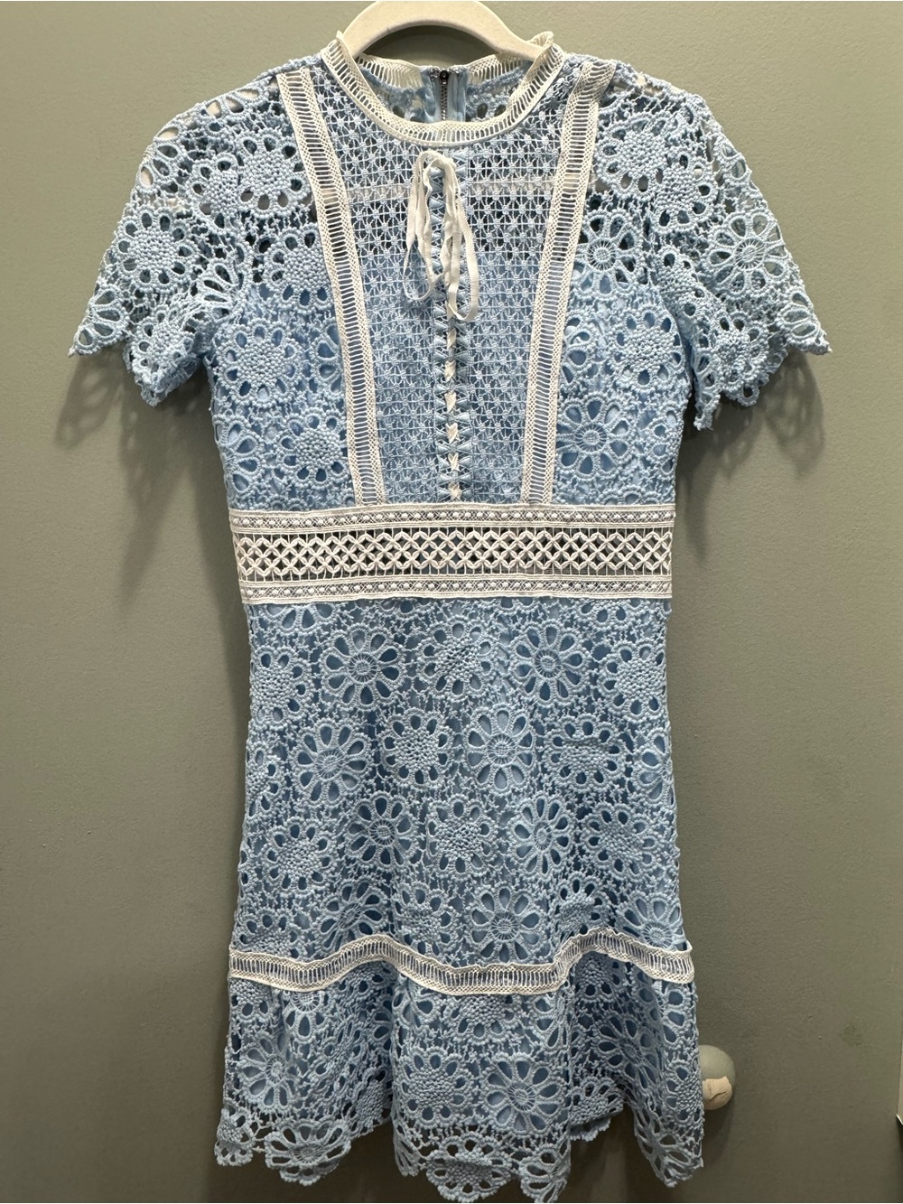 Aqua Pale Blue Crochet Lace Mini Dress with Ivory Trim